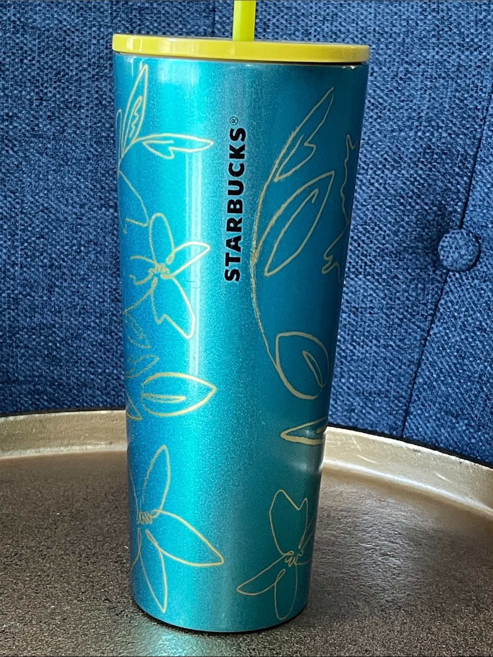 24 oz Stainless Steel Starbucks Teal Floral Tumbler with Yellow Lid and Straw